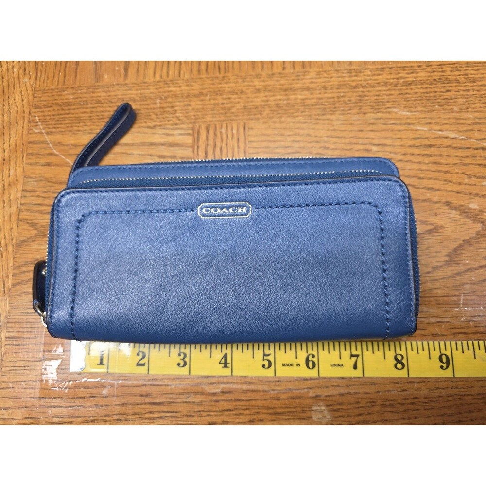 Coach Double Accordion Pebbled Blue Leather Zip-Around Wallet Wristlet